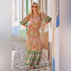 Boston Proper | Boho Beach Club Print Maxi Skirt and top Pink/Teal | Size S